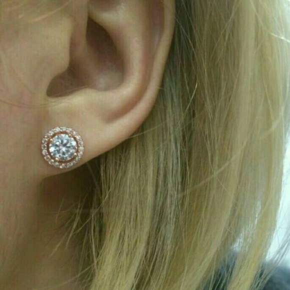 18k Rose Gold Diamond Cz Halo Stud Earrings - Picture 3 of 7